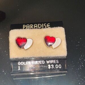 Vintage New on Card Double Heart (Red & White) Post Earrings‎
